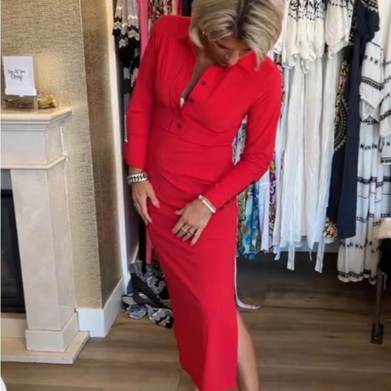 Σέξι κόκκινο γυναικείο φόρεμα με μακριά μανίκια και ρεβέρ-GR