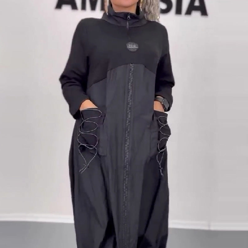 Vestido de manga larga con escote en pico y encaje👗-ES