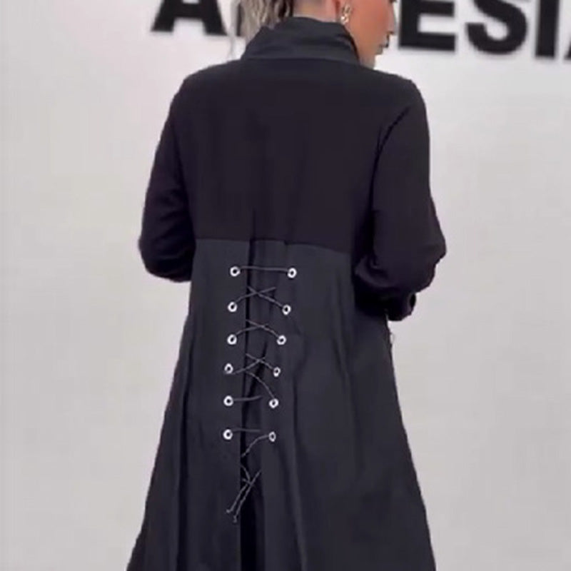 Vestido de manga larga con escote en pico y encaje👗-ES