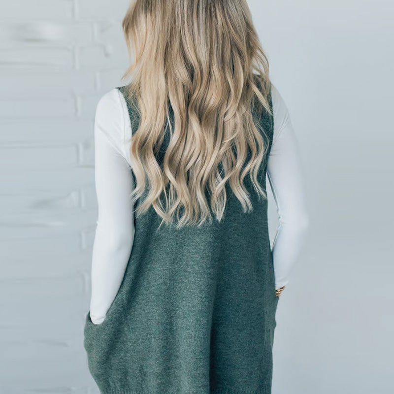 Moteriškas laisvas megztinis su V formos iškirpte ir kišenėmis-LT