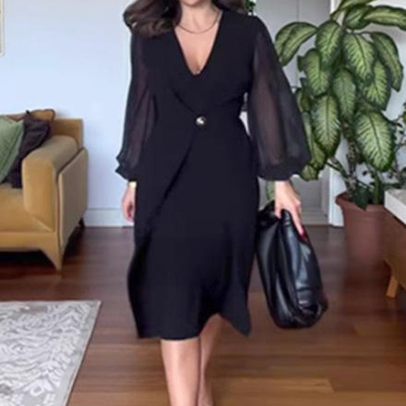 🌸Elegantne ženske obleke z dolgimi rokavi z mrežastim V-izrezom-SI