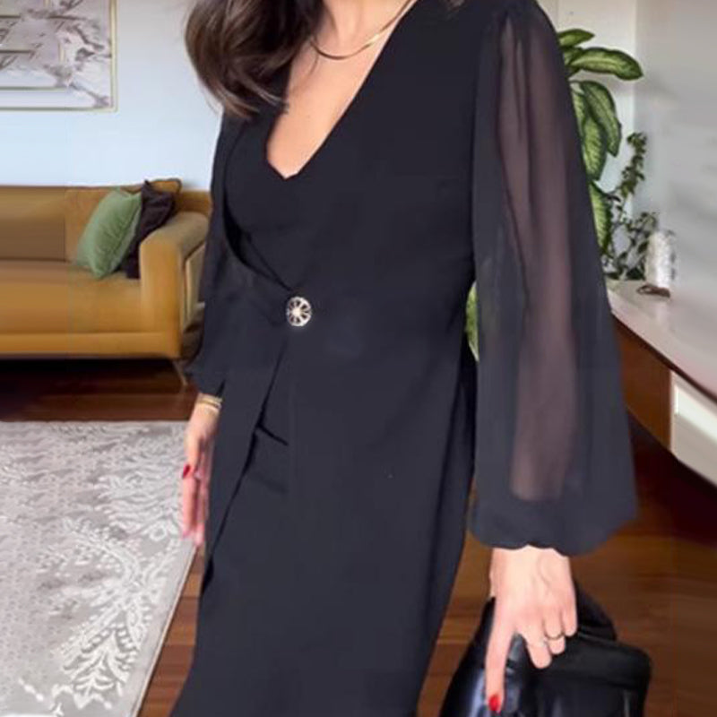 🌸Elegantne ženske obleke z dolgimi rokavi z mrežastim V-izrezom-SI