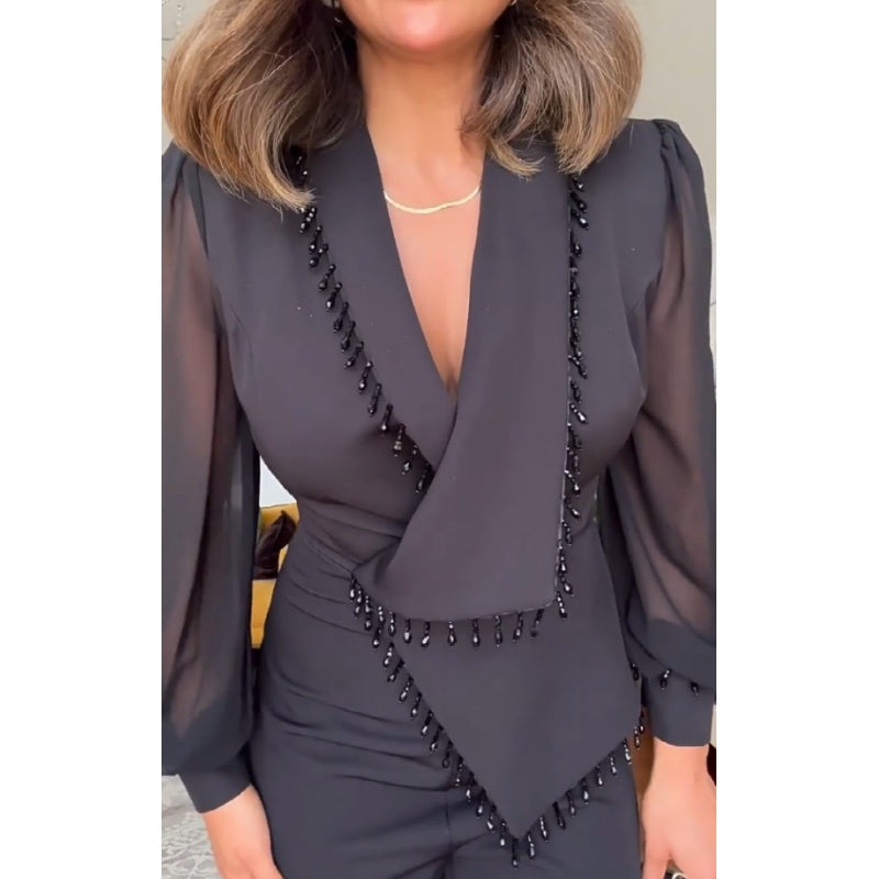 Γυναικείο Σετ παντελόνι και παντελόνι από διχτυωτό φαρδύ πόδι-GR