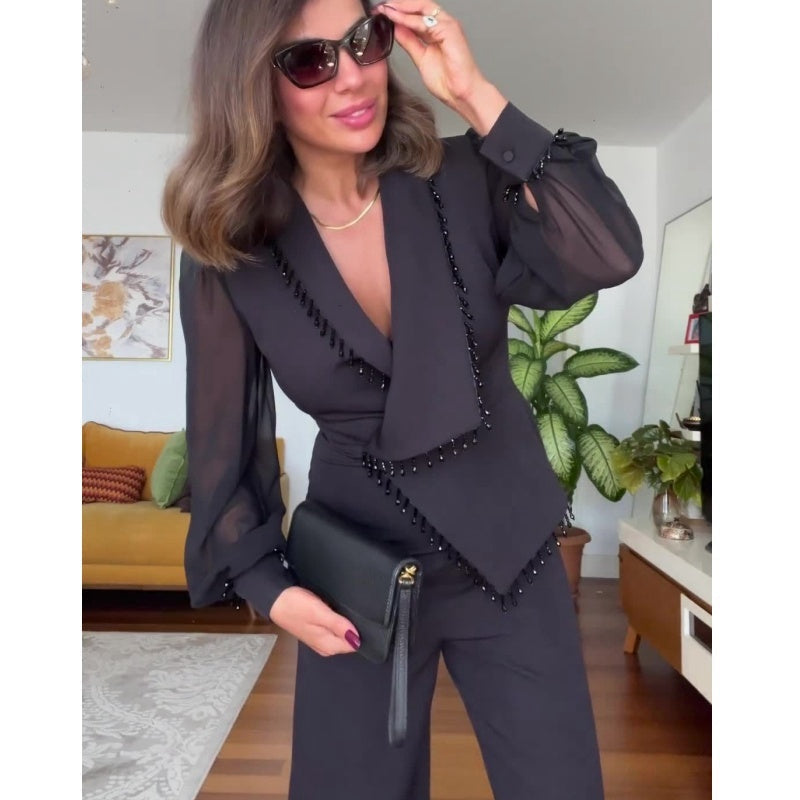 Γυναικείο Σετ παντελόνι και παντελόνι από διχτυωτό φαρδύ πόδι-GR