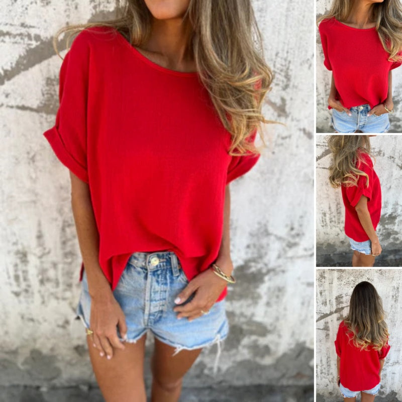 Μονόχρωμο τοπ με στρογγυλή λαιμόκοψη και κοντομάνικο τελείωμα-GR