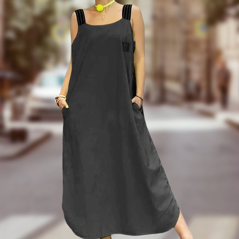 Φαρδύ μάξι φόρεμα με τιράντες και τσέπες-GR