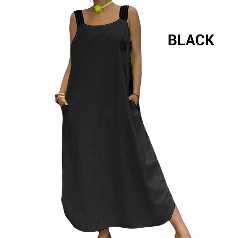 Φαρδύ μάξι φόρεμα με τιράντες και τσέπες-GR