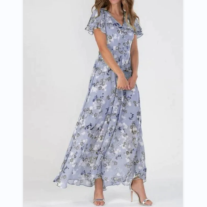 Vestido largo floral ligero de manga corta【M-3XL】-ES