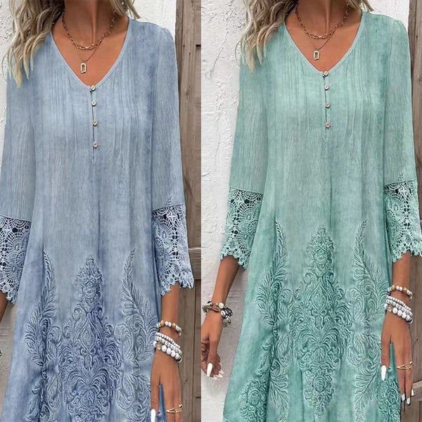 Elegantiška moteriška nėriniuota suknelė pusinėmis rankovėmis ir gilia iškirpte-LT