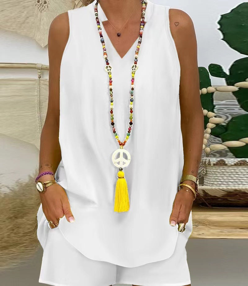 Elegants divdaļīgs komplekts: V veida kakla izgriezums ar īsām piedurknēm + šorti-LV