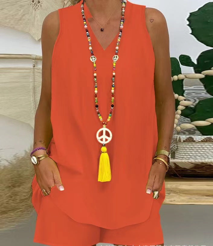 Elegants divdaļīgs komplekts: V veida kakla izgriezums ar īsām piedurknēm + šorti-LV