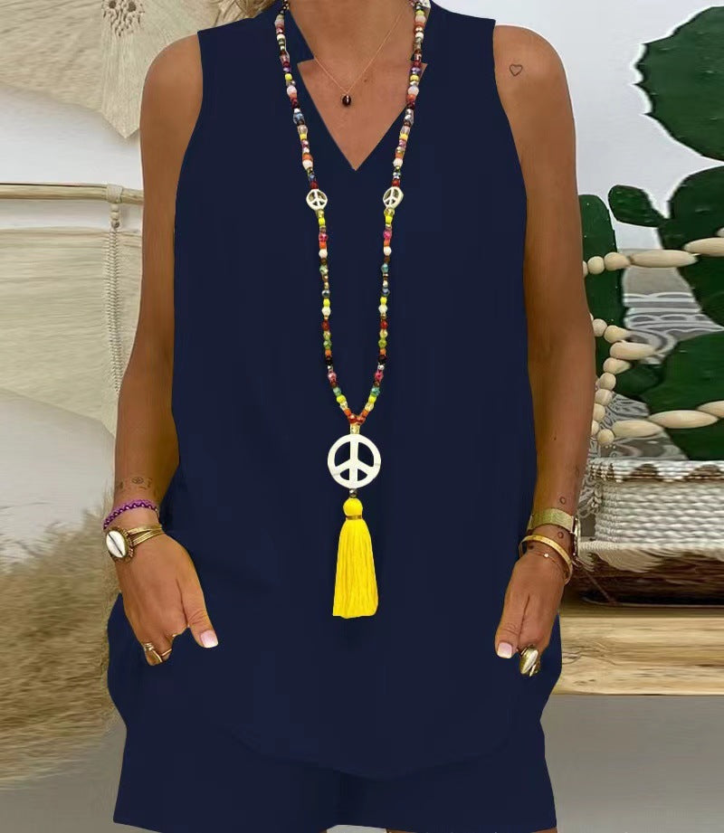 Elegants divdaļīgs komplekts: V veida kakla izgriezums ar īsām piedurknēm + šorti-LV