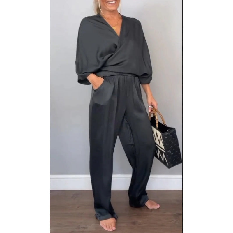 💞💞 Ženski dvodelni komplet, vključno z majico z V-izrezom in hlačami-SI