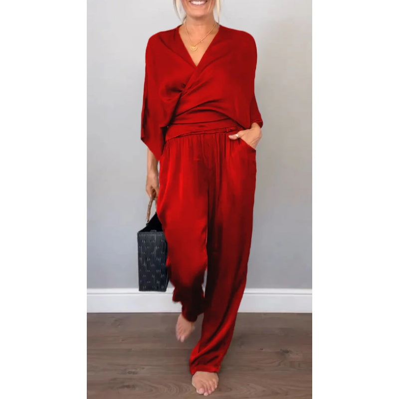 💞💞 Ženski dvodelni komplet, vključno z majico z V-izrezom in hlačami-SI