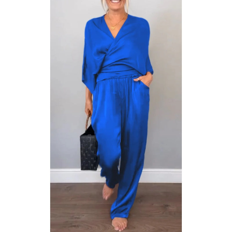 💞💞 Ženski dvodelni komplet, vključno z majico z V-izrezom in hlačami-SI