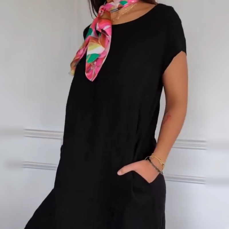 Νέο το 2025! 🔥Γυναικείο λινό φόρεμα με στρογγυλή λαιμόκοψη και κοντό μανίκι-GR