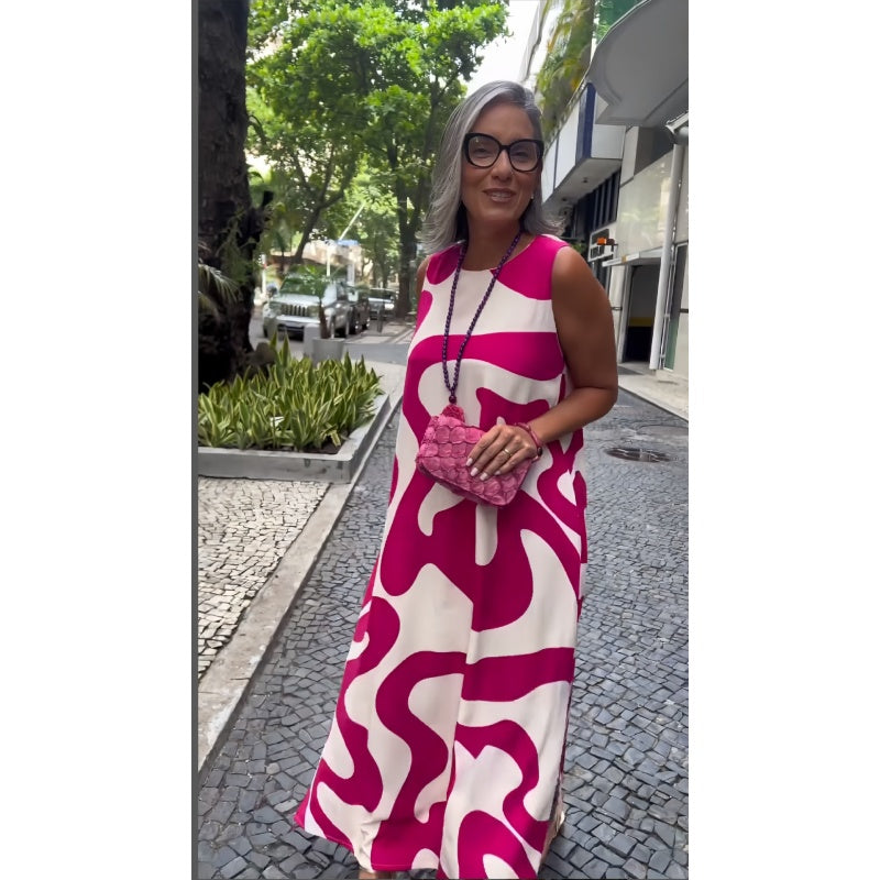 Laisvalaikio madingos suknelės be rankovių, margintos apvaliu kaklu-LT