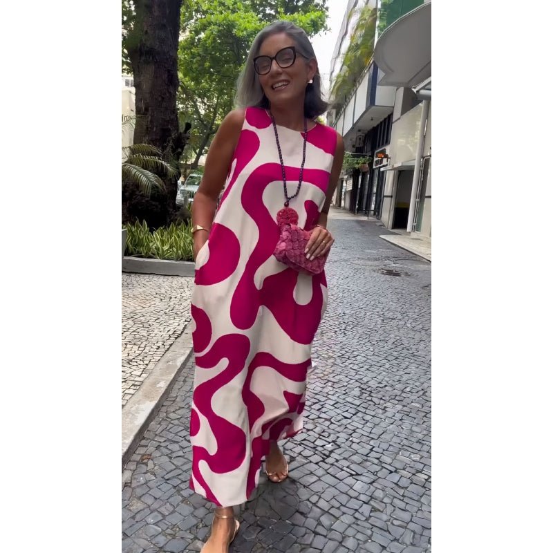 Laisvalaikio madingos suknelės be rankovių, margintos apvaliu kaklu-LT