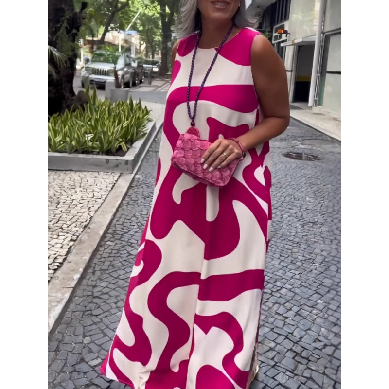 Laisvalaikio madingos suknelės be rankovių, margintos apvaliu kaklu-LT