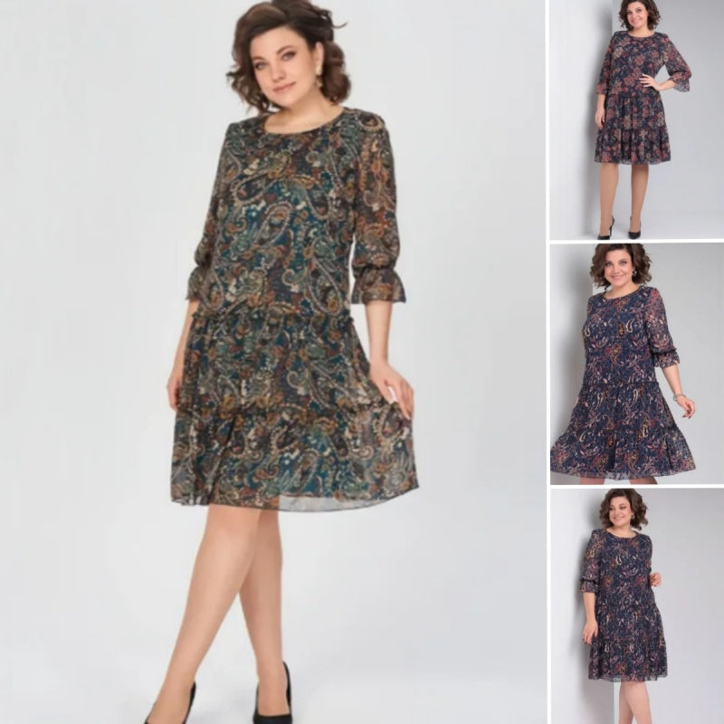 💐Γυναικείο Casual Φόρεμα με Στρογγυλή Λαιμόκοψη και Στάμπα-GR