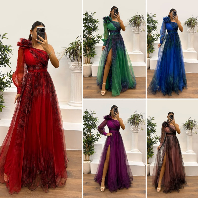 Vestidos estampados de mujer con hombros inclinados-ES