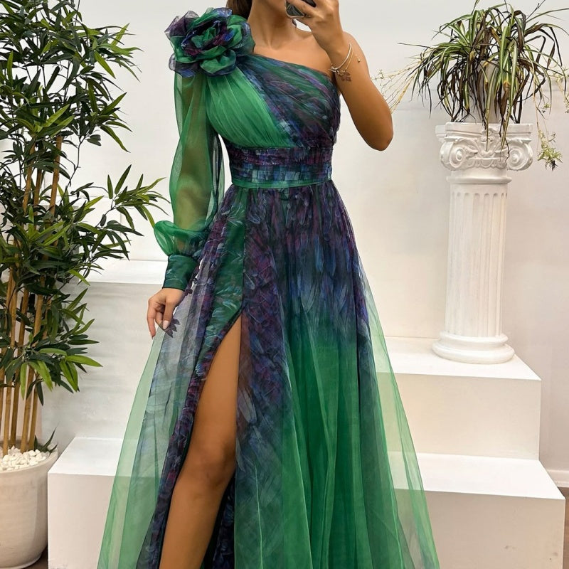 Vestidos estampados de mujer con hombros inclinados-ES