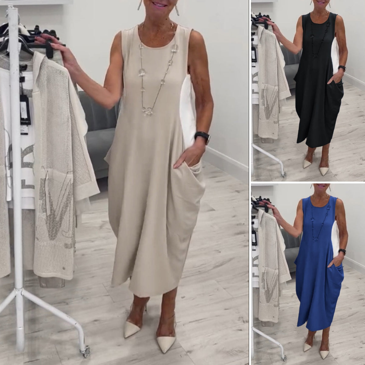 ✨Απλό αμάνικο λινό φόρεμα με τσέπες-GR