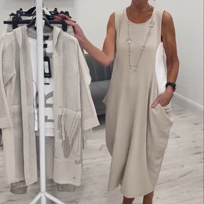✨Απλό αμάνικο λινό φόρεμα με τσέπες-GR