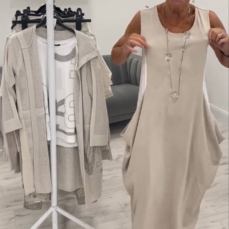 ✨Απλό αμάνικο λινό φόρεμα με τσέπες-GR