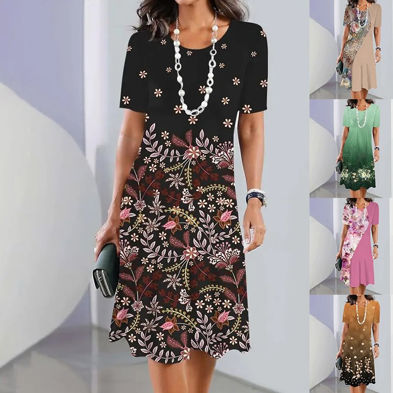 🌸Κομψό γυναικείο φόρεμα με στρογγυλή λαιμόκοψη και φλοράλ μοτίβα-GR