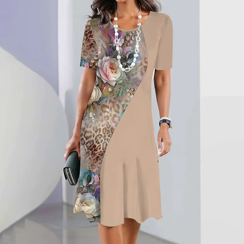 🌸Κομψό γυναικείο φόρεμα με στρογγυλή λαιμόκοψη και φλοράλ μοτίβα-GR