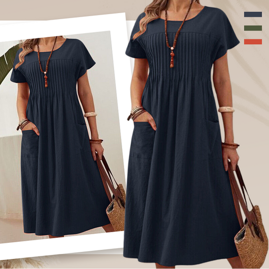 Moteriška klostuota suknelė su trumpomis rankovėmis ir kišenėmis-LT