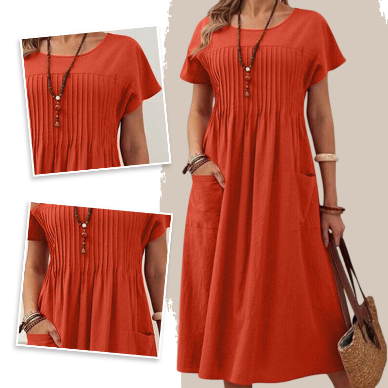 Moteriška klostuota suknelė su trumpomis rankovėmis ir kišenėmis-LT