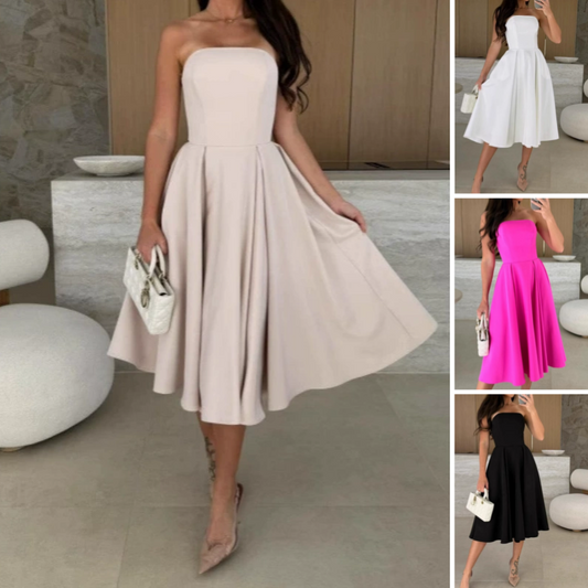 Elegante vestido midi sin tirantes de color liso-ES