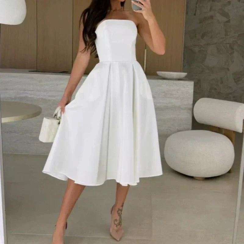 Elegante vestido midi sin tirantes de color liso-ES