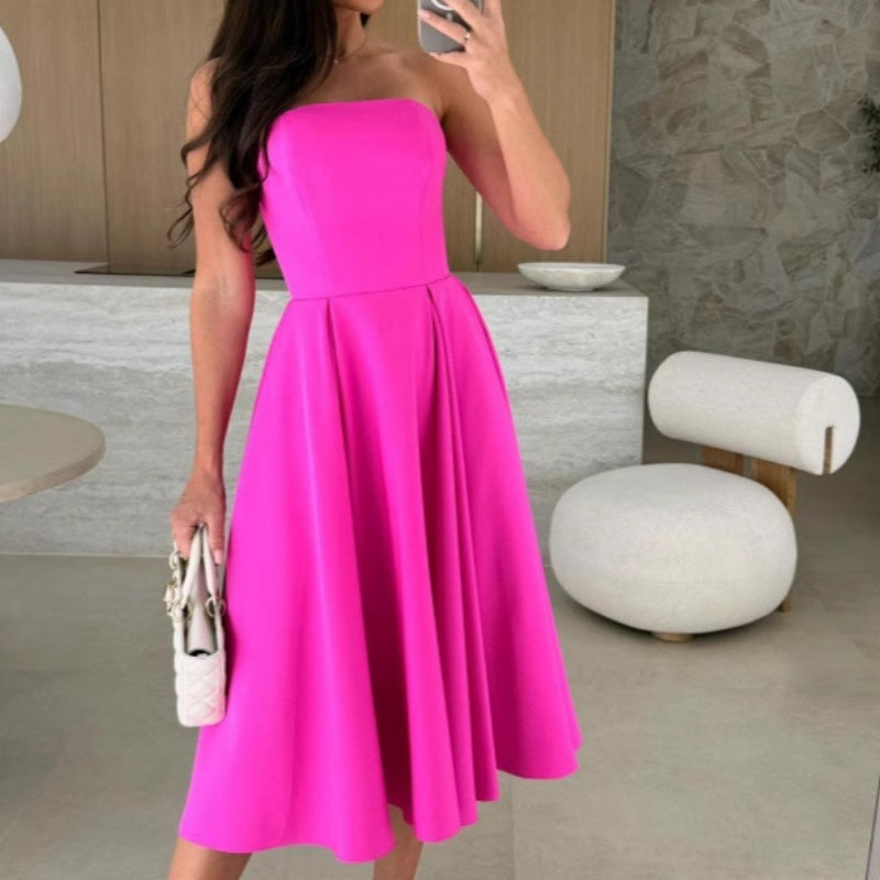Elegante vestido midi sin tirantes de color liso-ES