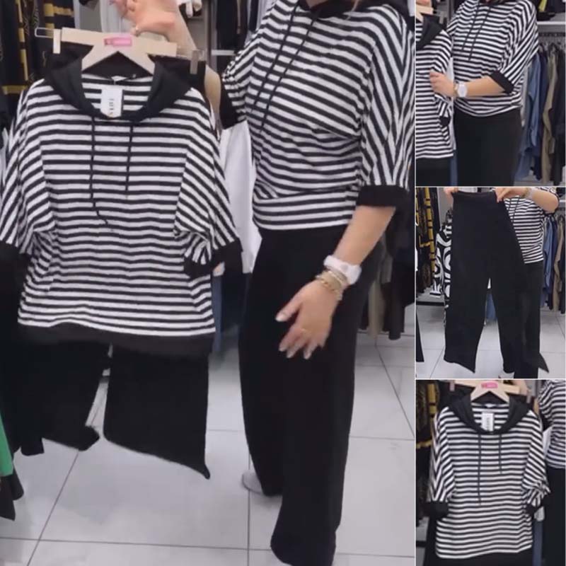 Conjunto de top de rayas y pantalón de color liso para mujer-ES