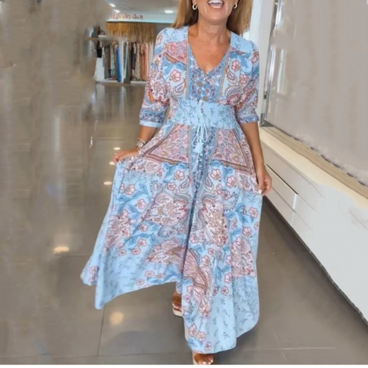 Moteriška elegantiška gėlėta gėlėta ilga suknelė su raišteliais-LT