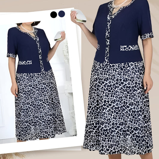 Moteriška elegantiška dviejų dalių suknelė iš dirbtinio audinio su gėlių raštu-LT