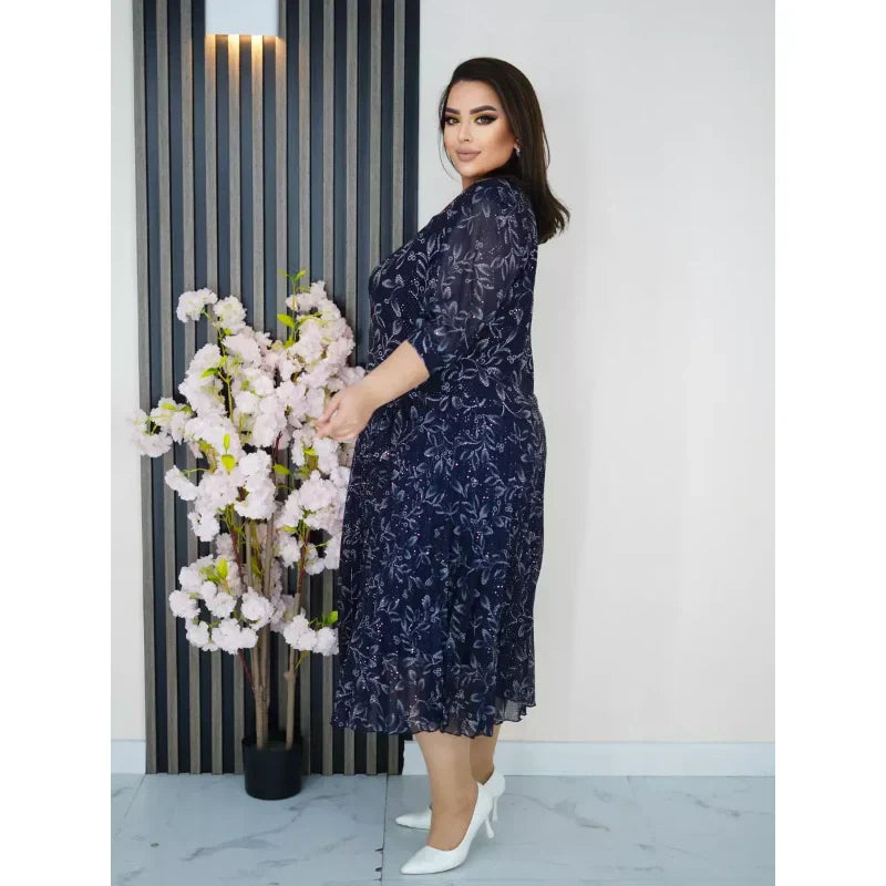 Apvalia iškirpte, 3/4 rankovėmis marginta maksi suknelė-LT