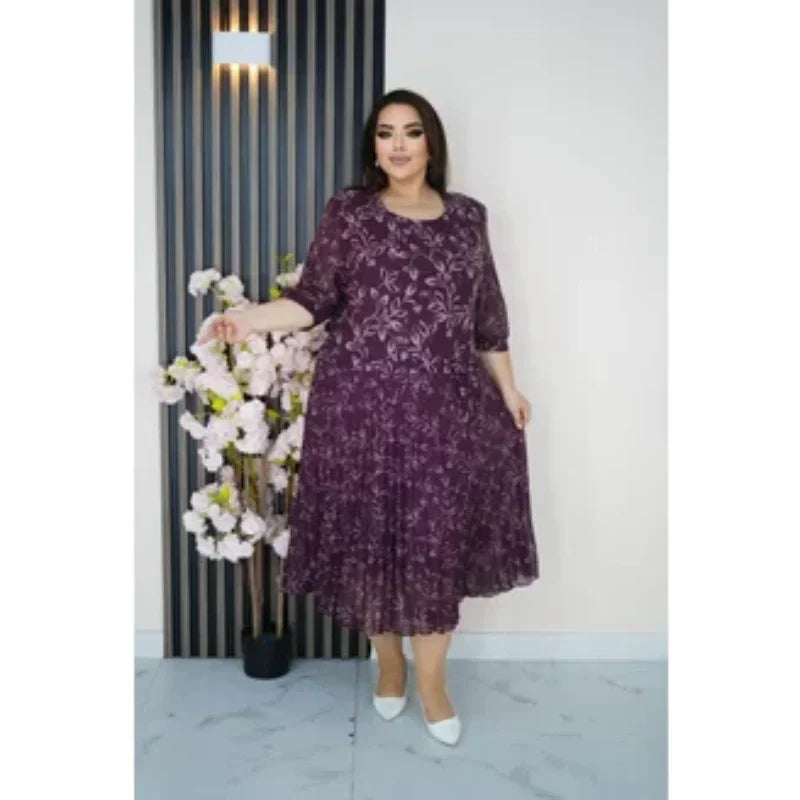 Apvalia iškirpte, 3/4 rankovėmis marginta maksi suknelė-LT