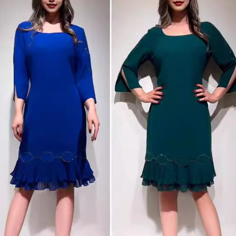 💝Vestido elegante con escote redondo y bajo con volantes-ES