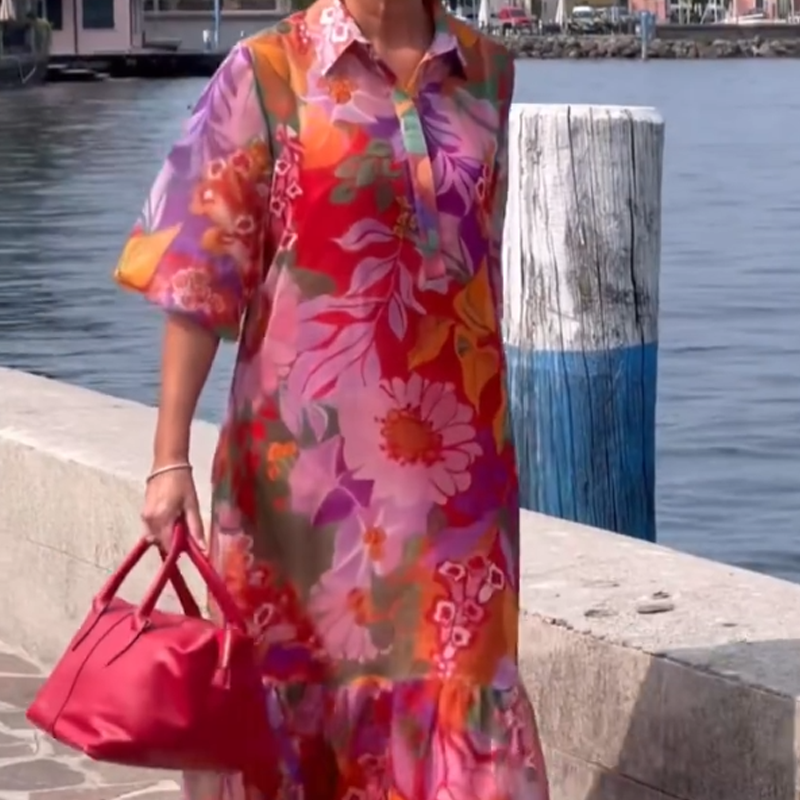 Κόκκινο φόρεμα από σιφόν με φλοράλ τύπωμα-GR