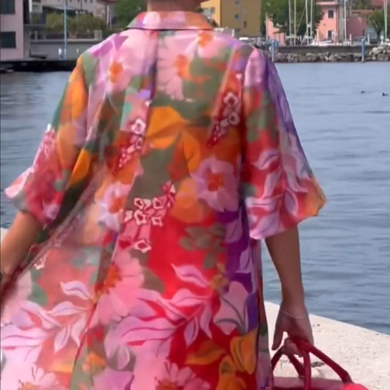 Κόκκινο φόρεμα από σιφόν με φλοράλ τύπωμα-GR