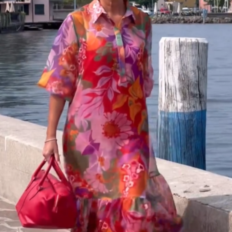 Κόκκινο φόρεμα από σιφόν με φλοράλ τύπωμα-GR