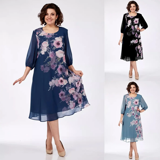 Elegante vestido de gasa con estampado floral y escote redondo.-ES