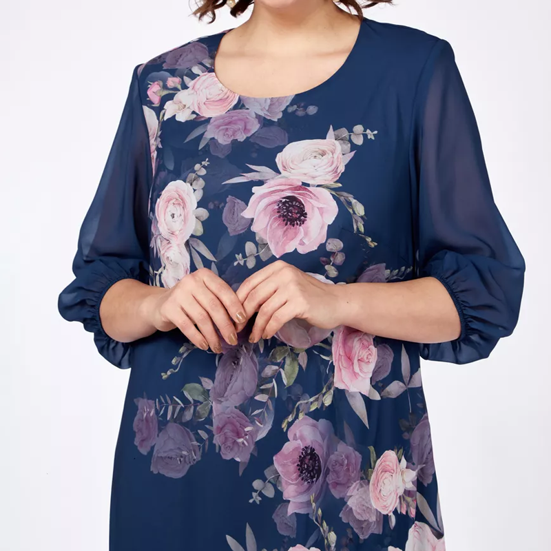 Elegantiška gėlėto rašto šifono suknelė su apvalia iškirpte-LT