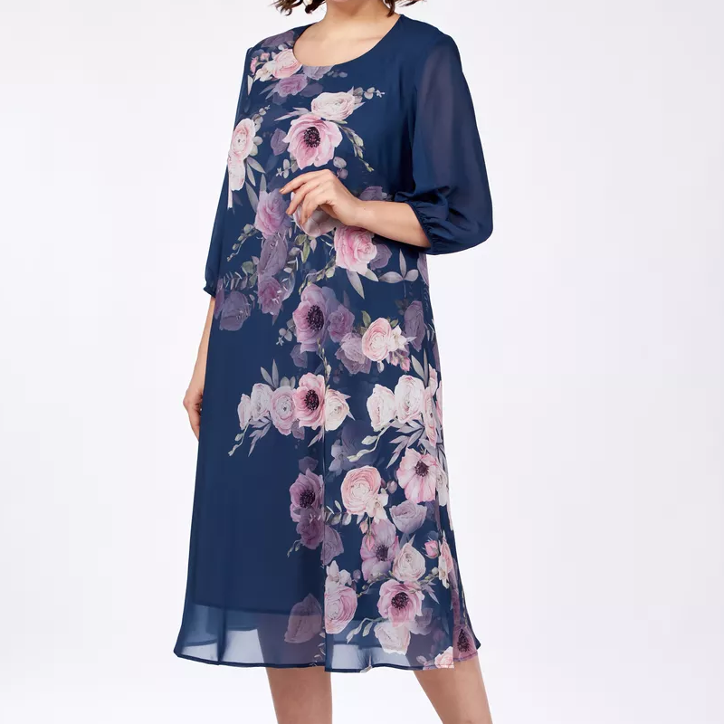 Elegantiška gėlėto rašto šifono suknelė su apvalia iškirpte-LT