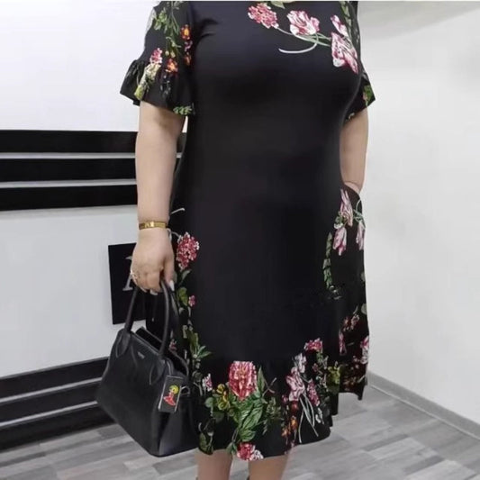 🌺Elegantiška, didelių gabaritų raštų ir raukinių suknelė-LT