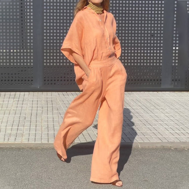 Moteriškas laisvalaikio dviejų dalių komplektas iš medvilnės ir lino-LT